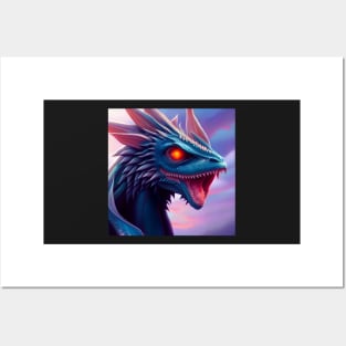 Intricate Blue Scaled Dragon with Red Eyes Posters and Art